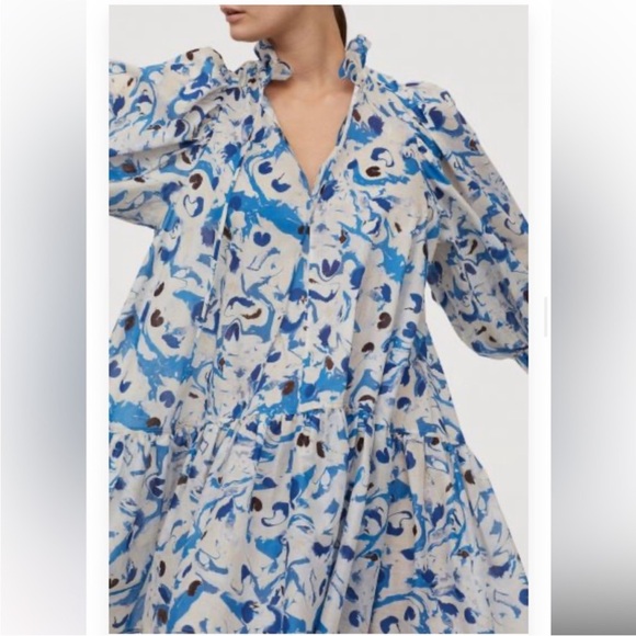 H&M hm Cotton Voile Ruffle Collar Peplum Mini Dress Drop waist Pattern Blue NWT - Picture 10 of 16